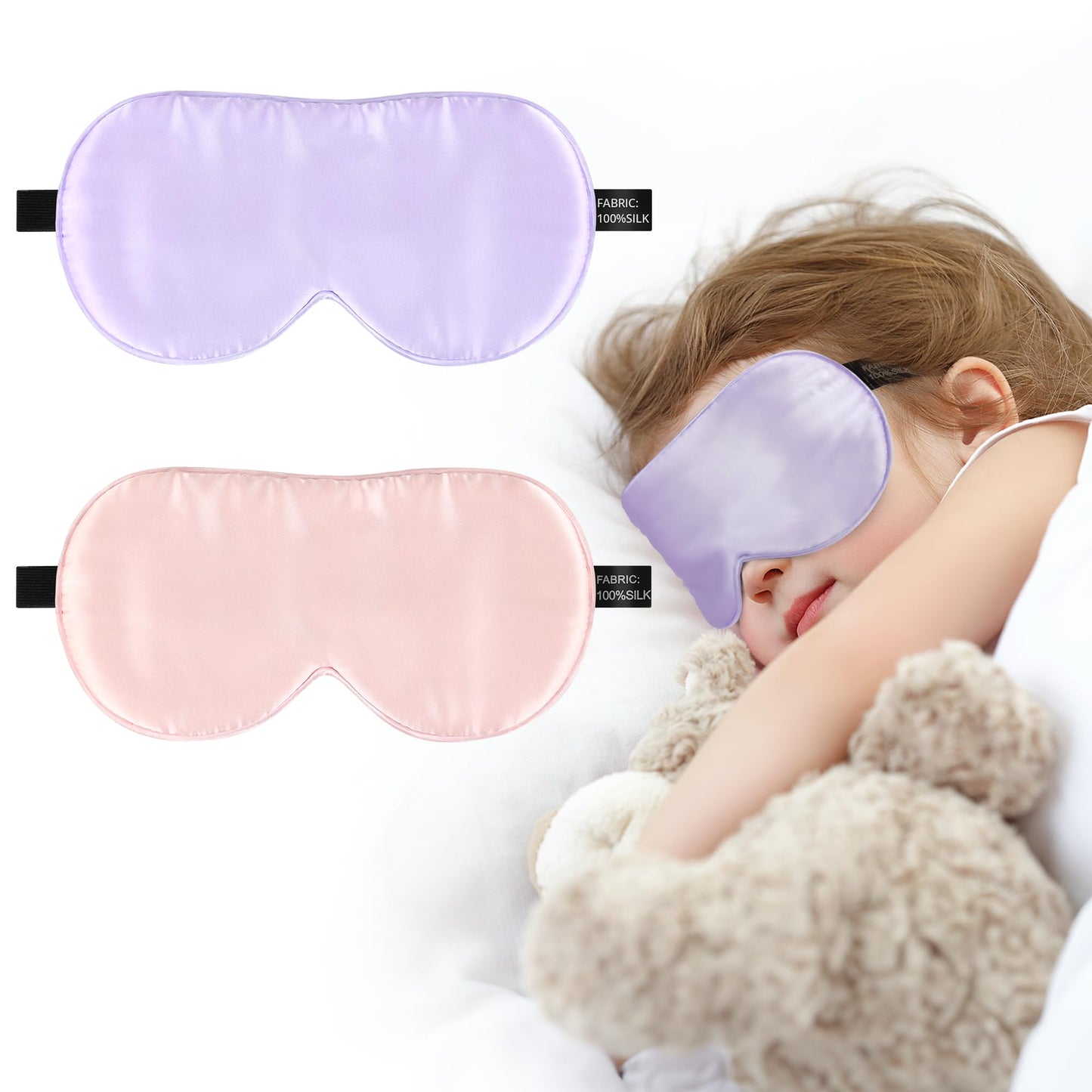 Silk Sleep Eye Mask for Kids, 100% Real Natural Pure Silk Sleeping Masks, Blindfold Sleep Eye Cover with Adjustable Strap, Soft & Lightweight Night Eyeshade for Boys Girls Teens (2 Pack)