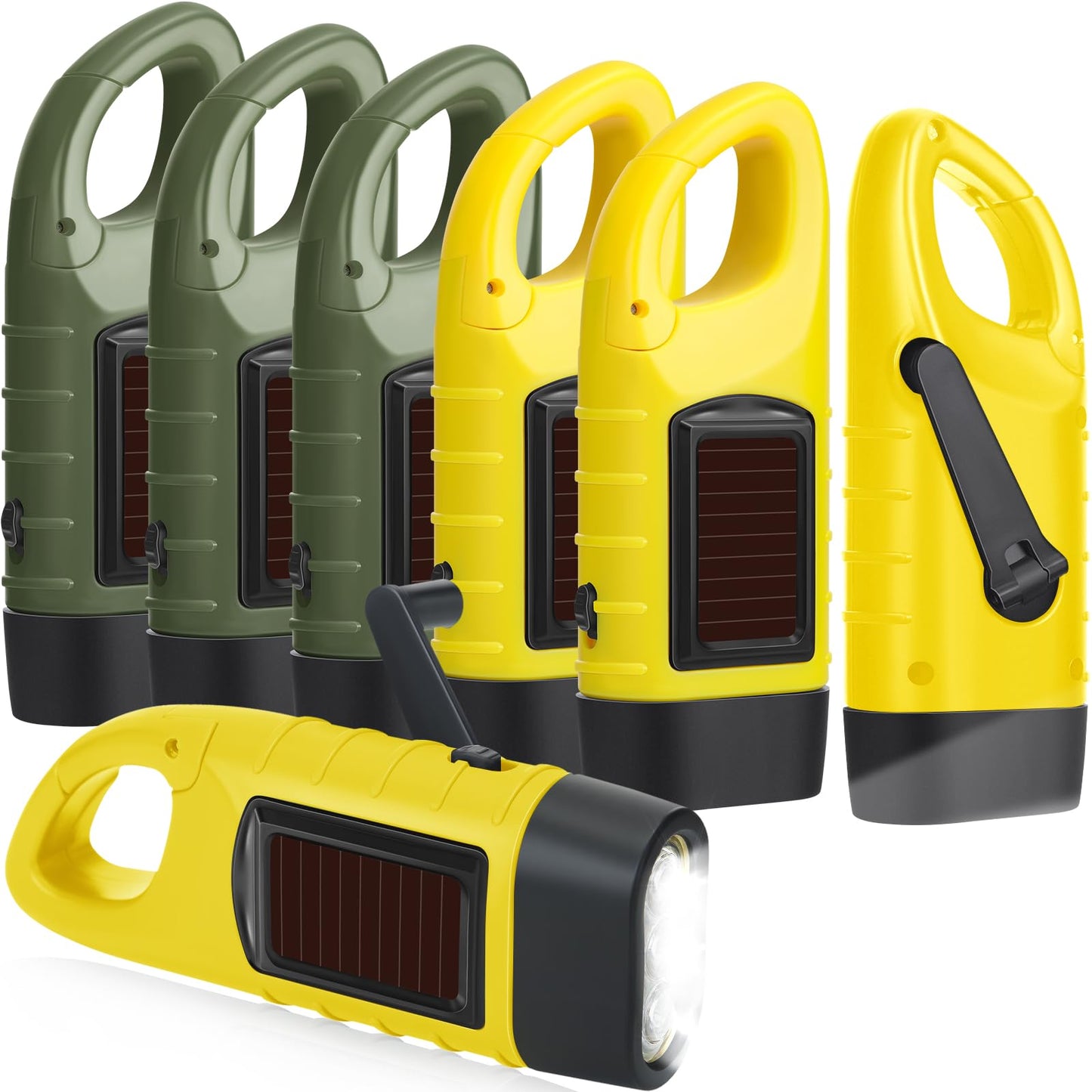 Mudder 6 Pcs Hand Crank Solar Powered Flashlights Emergency Rechargeable Led Handheld Flashlights For Survival Gear Outdoor Sports Camping Hiking Backpack Safety(Green Yellow)