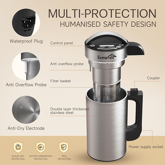 304 Stainless Steel Almond Milk Maker Machine (Built-in Filter) 50oz 6-7 Cups Per Batch, 8-IN-1 Cooking Blender Make Plant Based Nut Milk, Soy Oat Milk, Soup & Juice, Automatic Cleaning (Silvery)