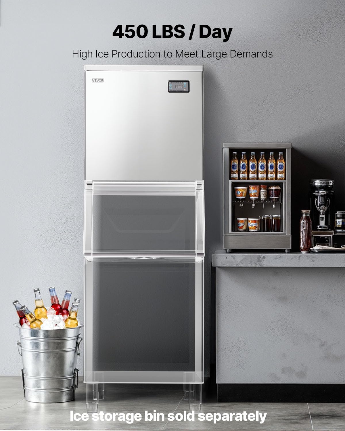 VEVOR Commercial Ice Maker Machine - Head, 450 Lbs/Day Stainless Steel Ice Machine with Scheduled Ice-Making, Self-Cleaning, Adjustable Thickness, Ideal for Restaurant Bar Cafe Hotel - Head Only