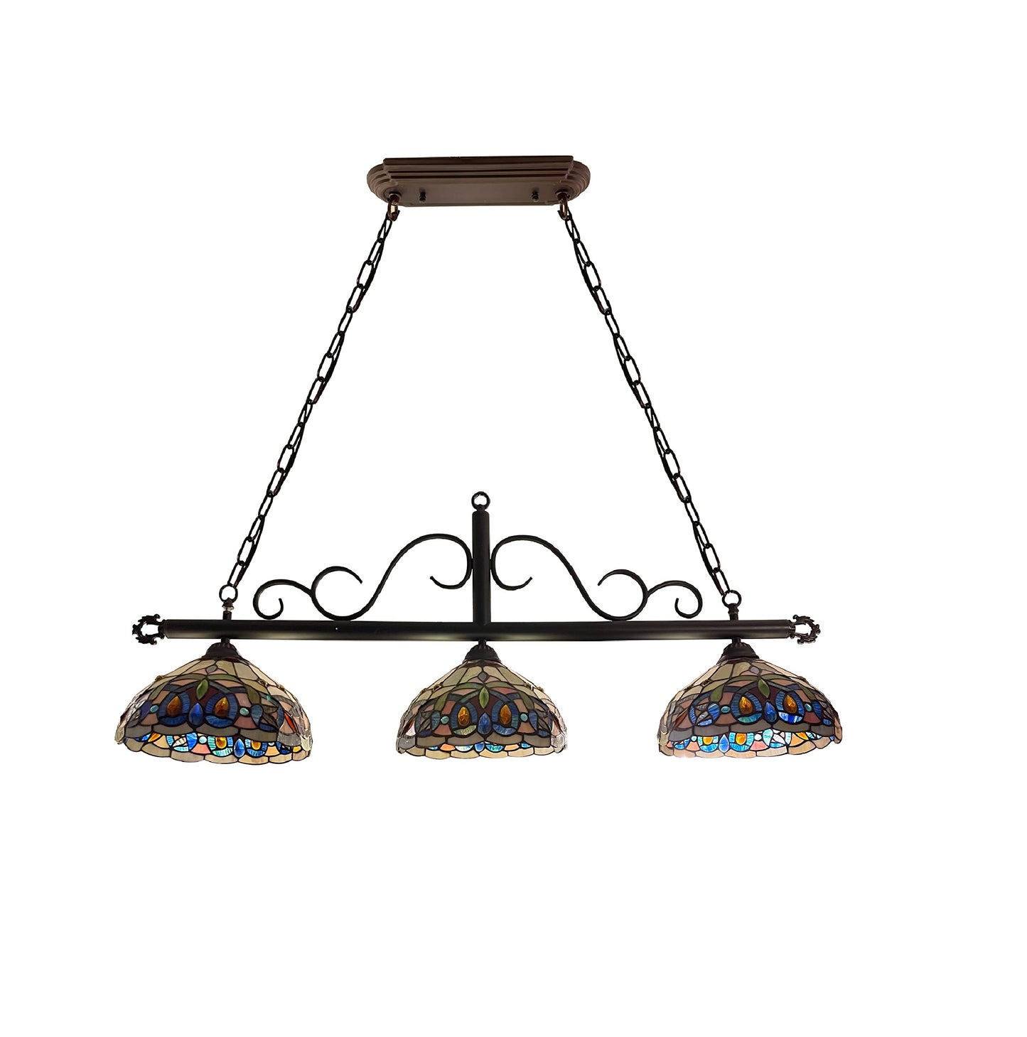 Chloe Lighting Island Pendant, Victorian Tiffany-Style, Dark Bronze, 3 Light, 45in Wide, Multicolor, Model CH3T353BV45-IL3