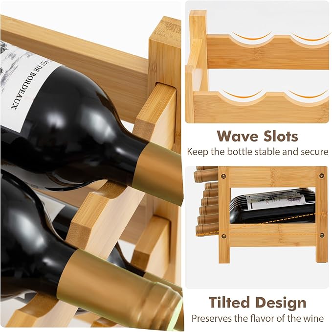 Giantex Bamboo 3-Tier 18-Bottle Wine Storage Cabinet Shelf, Small Countertop Wine Organizer for Kitchen, Bar, Pantry & Wine Cellar, Natural