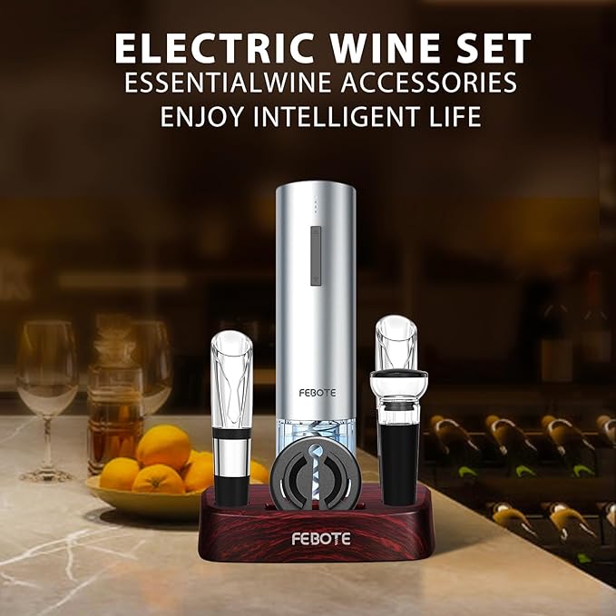 Electric Wine Opener Set for Home Bar Party - 5-in-1 Automatic Rechargeable Corkscrew with Charging Base, Foil Cutter, Vacuum Stoppers, Aerator, Accessories Premium Mahogany Base - Brown