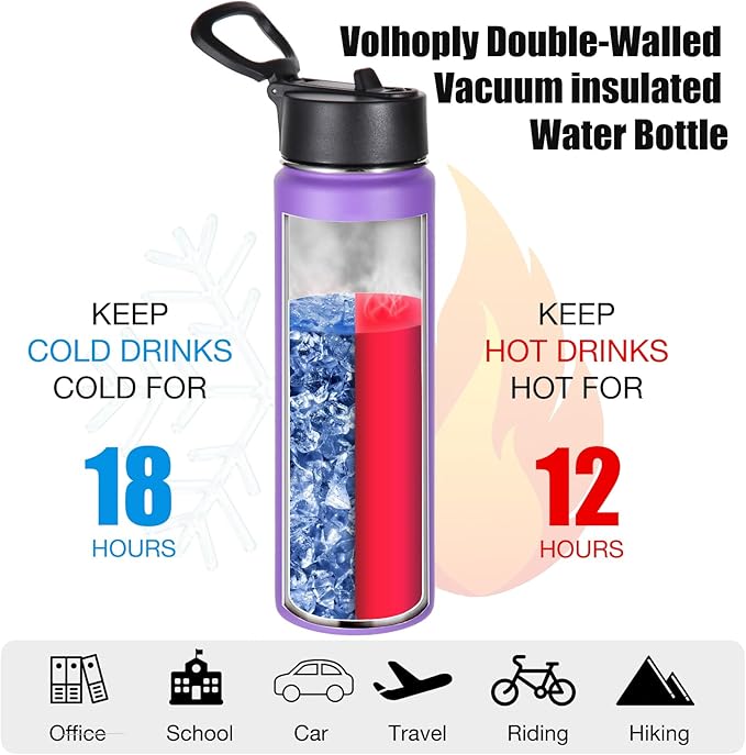 Volhoply 24oz Insulated Water Bottle With Straw Bulk 8 Pack,Metal Wide Mouth Water Bottles With Handle Lid Keep Cold,Reusable Double Wall Thermos,Powder Coated Sport Bottle For Holder(Purple,8 Count)