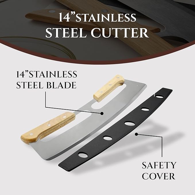 14" Dual-Grip Pizza Cutter Pizza Board | Gift Pizza Set, Best Pizza Cutter Rocker Blade, Bamboo Pizza Cutting Board, Pizza Slicer, Pizza Serving Board, Pizza Rocker Knife For Cutting Pizza Piza