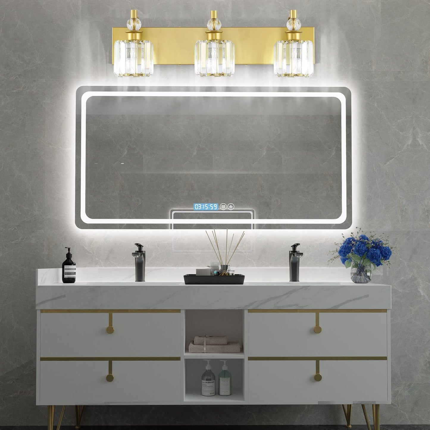 Ralbay 3 Light Crystal Vanity Light Fixture, 24 Inch Gold Bathroom Lighting, Model 8605