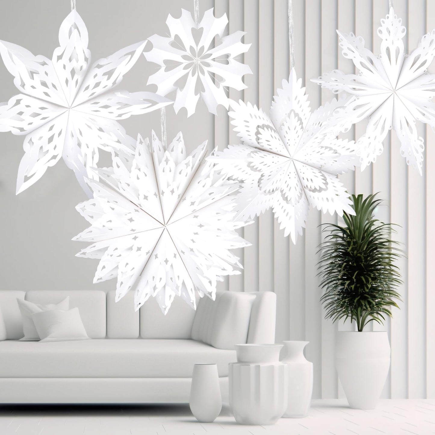 5 Pack Christmas Paper Snowflake Lanterns  Christmas Paper Star Lantern With Led Light White Hanging Lamp Ornaments For Xmas Tree New Year Winter Frozen Weddings Birthday Holiday Party Decorations