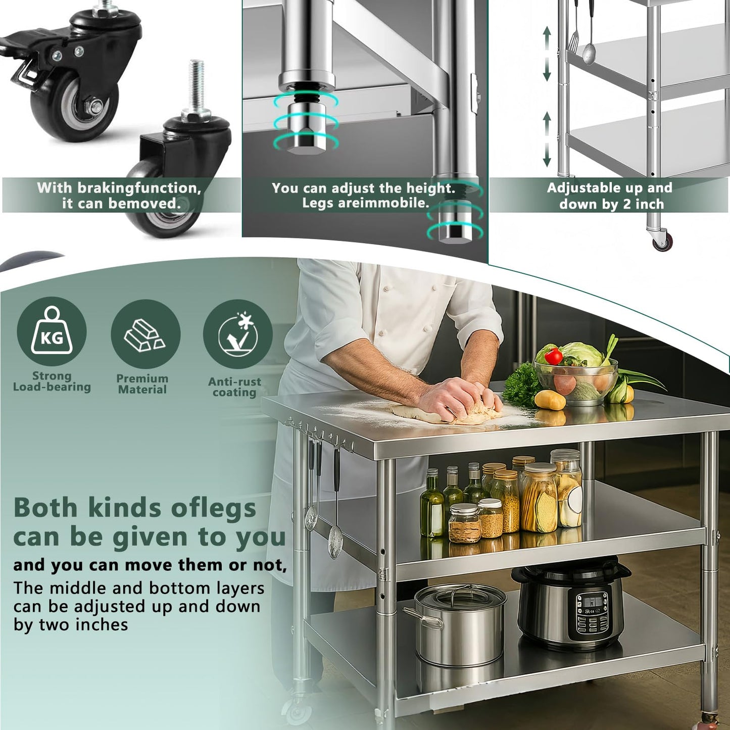 Stainless Steel Table with Wheels for Food Preparation and Work, Multi-Size Optional, Three-Layer Variable Two-Layer Metal Commercial Workbench Outdoor, Restaurant, Kitchen (28" Lx24 Wx34 H)