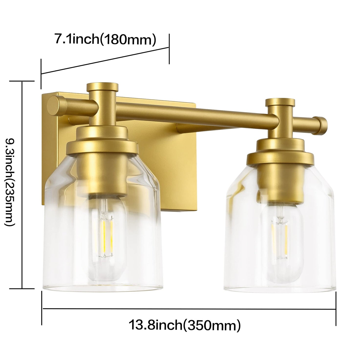 SOLFART Golden Vanity Light Fixture - 2 Lights, Glass Shade, Vintage Wall Lighting for Bathroom Over Mirror
