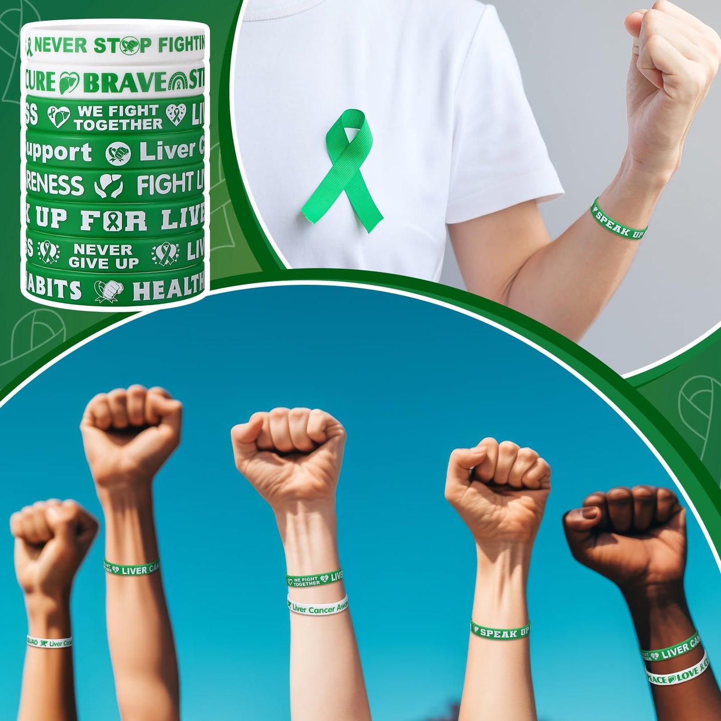 100 Pcs Liver Cancer Awareness Wristbands Bulk 10 Styles Green Ribbon Silicone Bracelets Liver Cancer Awareness Wristbands with