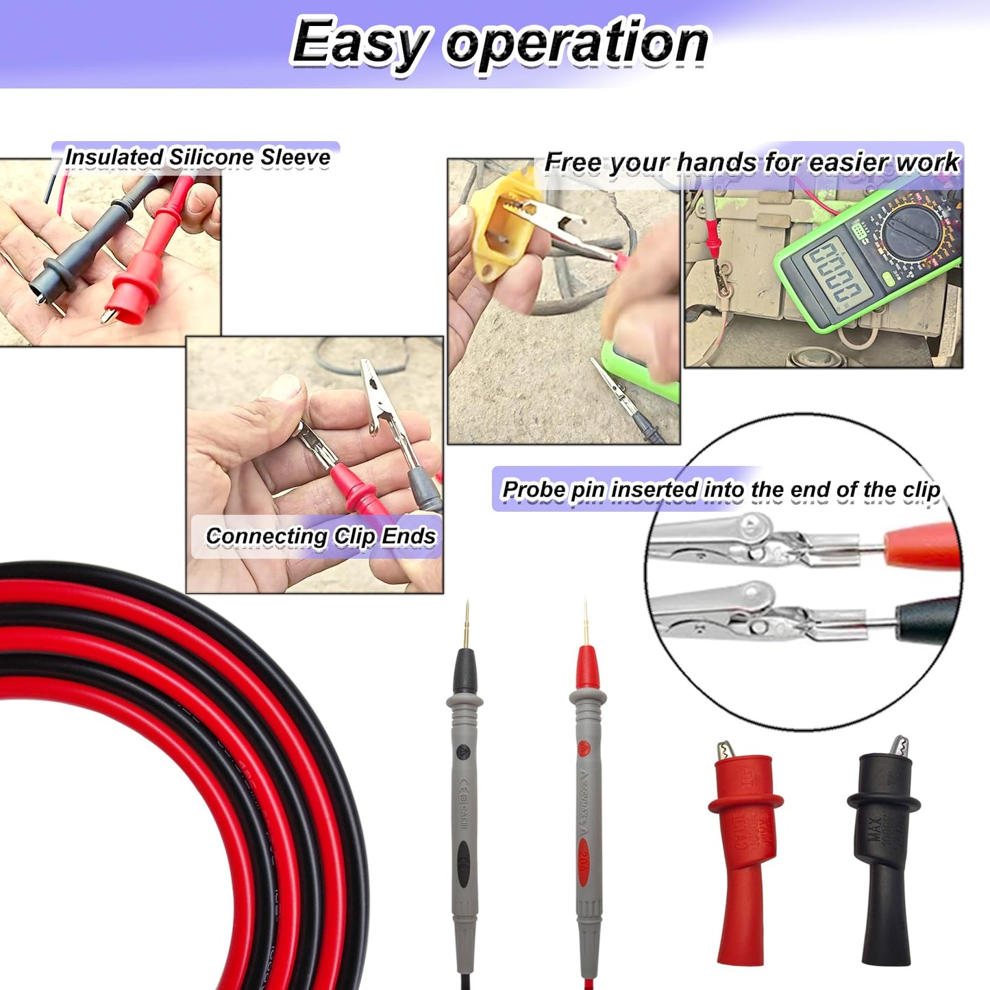 Eiranoly Professional Multimeter Test Leads 1000V 20A, 40.5in, Test Leads Kit, Ultra-Sharp Gold-Plated Probes, Silicone Meter Leads for Fluke, AstroAI, Klein Multimeter & Automotive Testing (Upgraded)