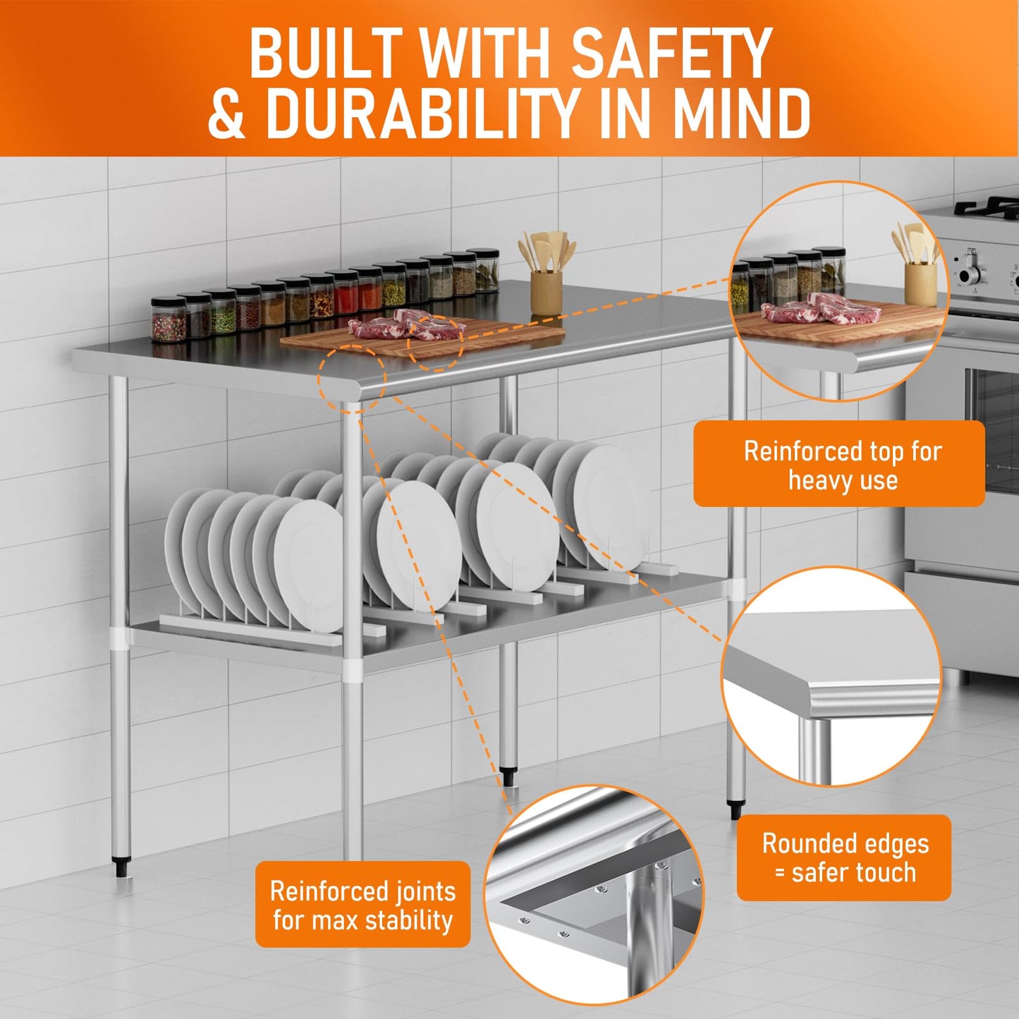 HOCCOT Stainless Steel Table for Food Prep & Work 30 x 48 inches Utility Table with Adjustable Undershelf, Commercial Workstation in Kitchen, Garage, Outdoor BBQ