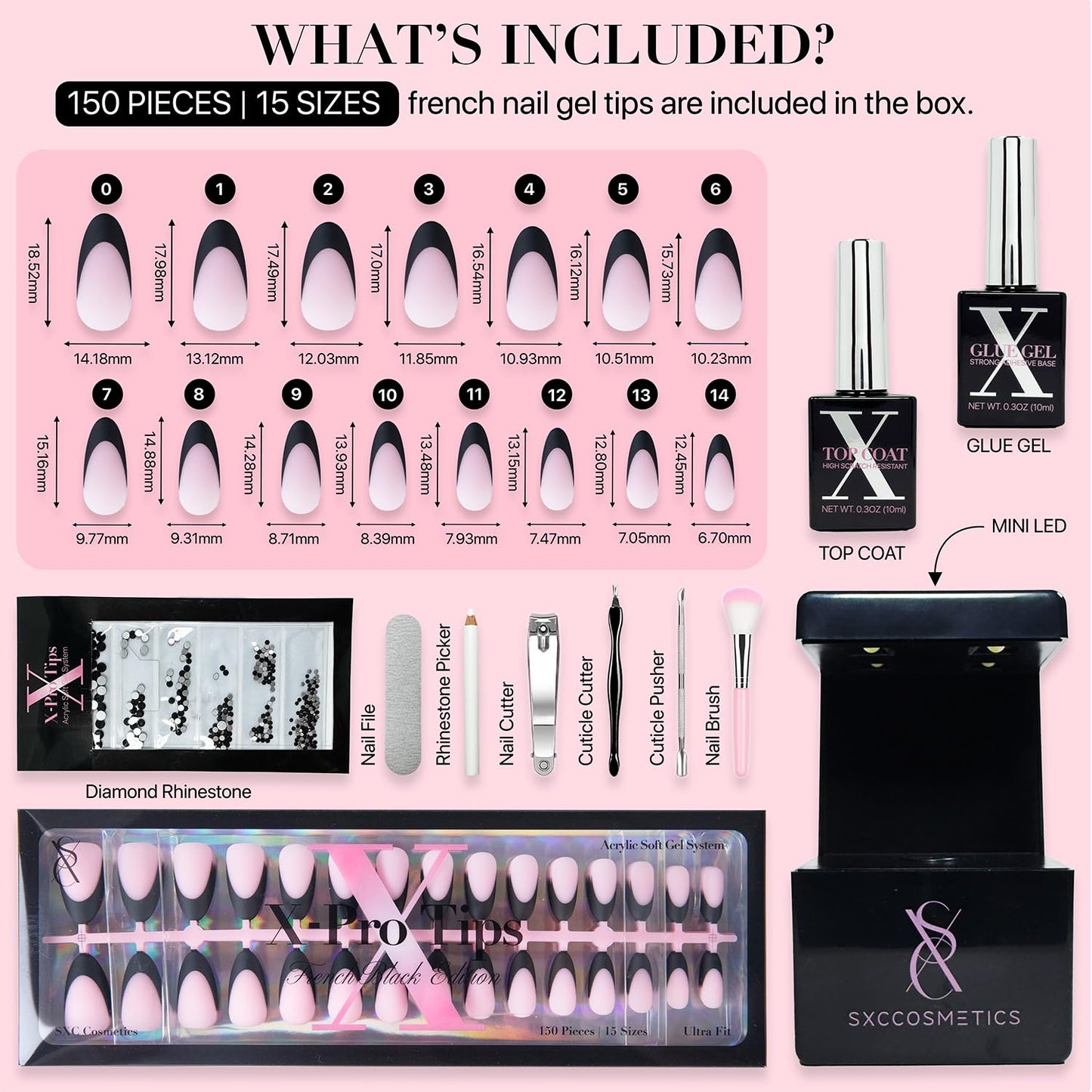 SXC Cosmetics French Tip Press On Nails - Black Series, Medium Almond, X-Pro Tips Starter Kit | 150PCS, 15 Sizes, 5 Styles, Begi
