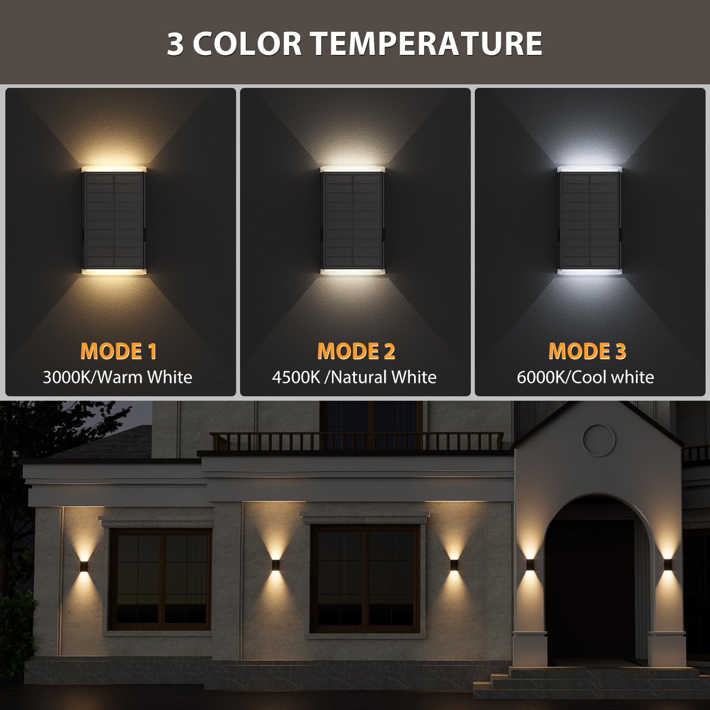 Solar Wall Light Outdoor   3000/4000/6000K 3 Modes Dusk To Dawn Lighting Wall Sconce Ip67 Waterproof Up And Down Solar Lights Outdoor Front Door Light For House  Garage  Porch  Doorway Fence (6Pack)