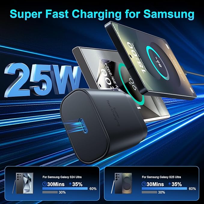 Super Fast Charger Type C, 25W USB C Wall Charger Fast Charging for Samsung Galaxy S25 Ultra/S25/S25+/S24+/S24 Ultra/S24/S24+/S23 Ultra/S22 Ultra/S21 Ultra with 6.6FT Long Type C Charger Cable 2Pack