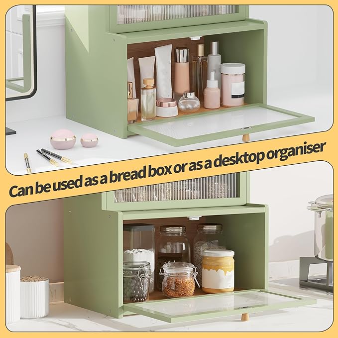 Double Layer Bamboo Bread Box for Kitchen Counter, Countertop Bread Storage Container, Bread Container Bread Storage with Window Bread Holder (Green)
