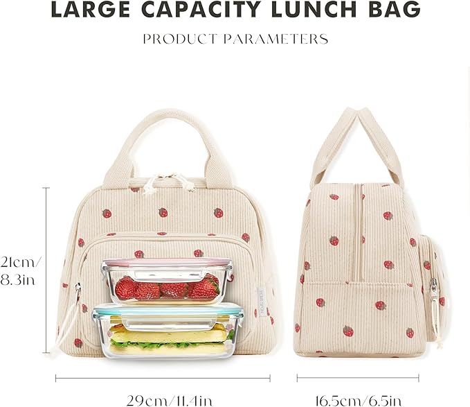 HOMESPON Lunch Bag for Women Men Adults with Front Pocket Cute Corduroy Insulated Lunch Tote Large Capacity Lunch Box Cooler Container for Work Picnic or Travel (Strawberry Beige)