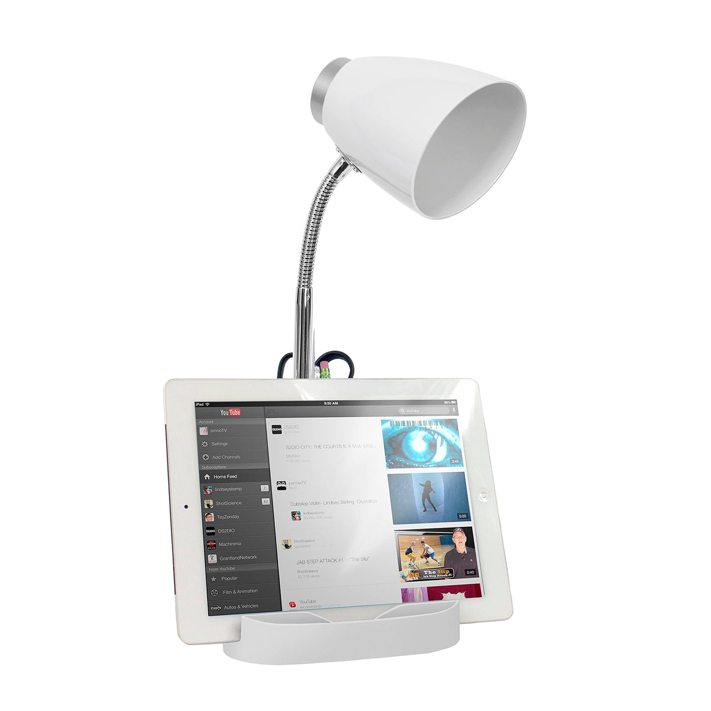 Simple Designs Gooseneck Desk Lamp With Ipad Holder, White, Abs Plastic, Model Ld1002-Wht, Pack Of 1