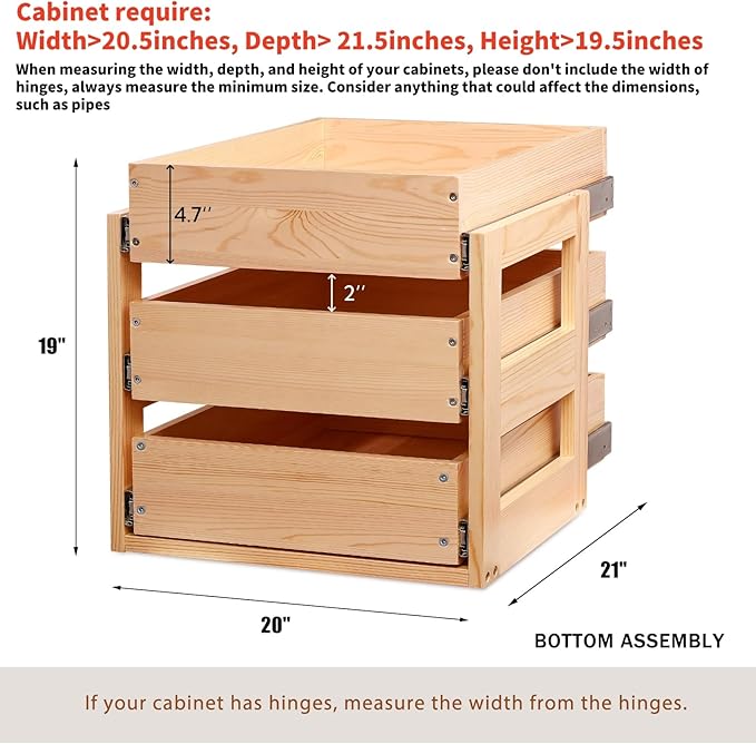 Pull Out Drawers For Cabinets, 20''W×21''D×19''H Soft Close Slide Out Wood Shelves Storage Organizer for Kitchen, 3-Tier, Finished, Heavy-Duty, Bottom Assembly