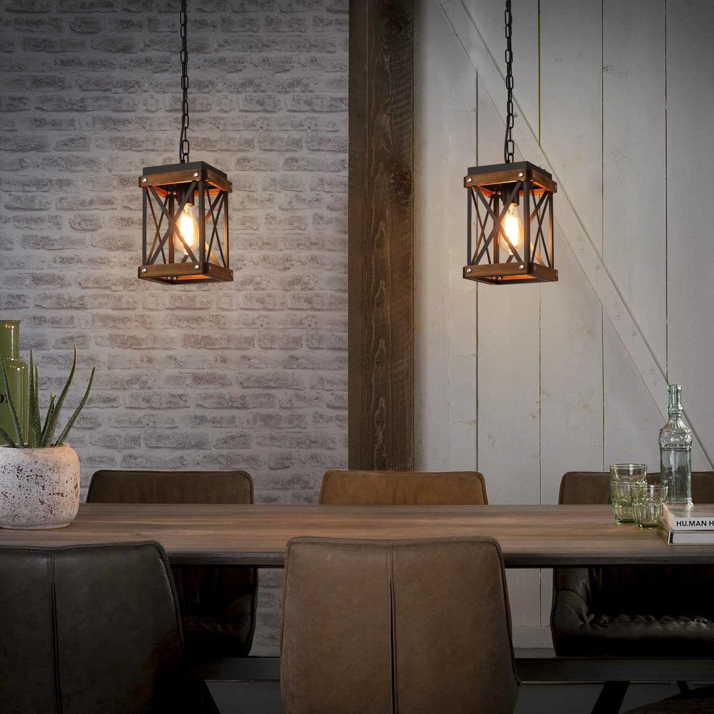 2 Pack Rustic Farmhouse Wood Pendant Light Fixture One-Light Adjustable Chain Oak Wood And Metal Lantern Cage Small Pendant Lighting For Kitchen Island Sink Hallway Farmhouse Bathroom Bar  Black