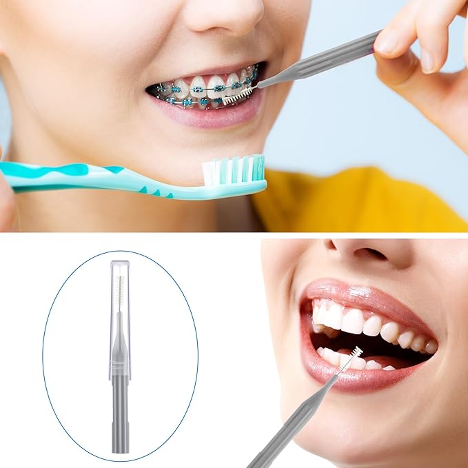 Patelai 100 Pieces Braces Brush for Cleaner Interdental Brush Toothpick Dental Flossing Head Oral Hygiene Flosser Tooth Cleaning Tool (Gray)