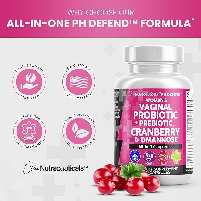 Clean Nutraceuticals Vaginal Probiotics for Women + Prebiotics 20 Billion Cranberry Pills w D-Mannose 500 mg for Urinary Tract Health pH Balance - for Vaginal Health Supplements Pills - 2Pack