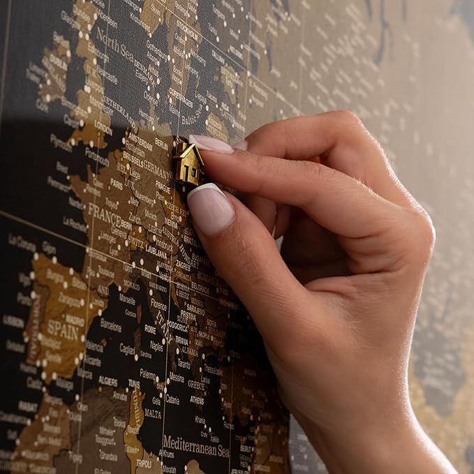 Canvas World Map with Cork Pin Board - English Lettering - Decorative Wall Decoration for All Rooms - Canvas Pictures with World Map Motif (70x50 cm, Pattern 5)
