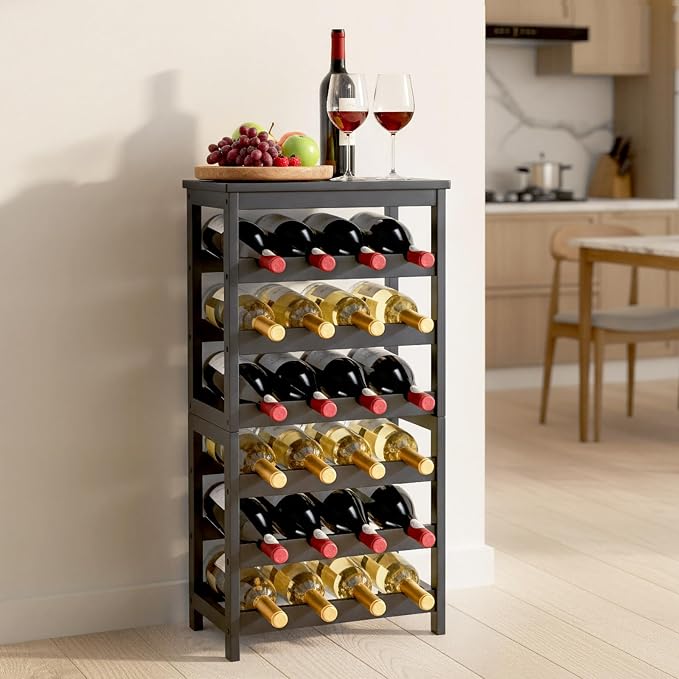 VEVOR 24 Bottle Wine Rack, 6-Tier, Freestanding Floor Display Wine Storage Shelves with Table Top, Easy Assembly Rack Shelf, Premium Material, for Kitchen Cellar Bar Dining Room Living Room, Black
