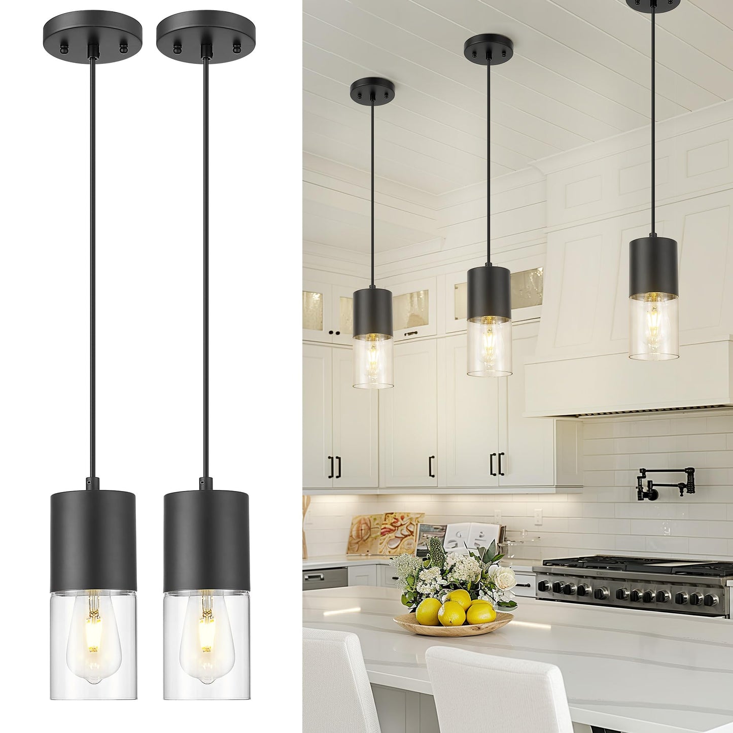 Audickic 2-Pack Pendant Lights Kitchen Island, Matte Black Hanging Lights Fixtures with Cylinder Clear Glass, Modern Kitchen Pen