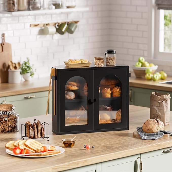 WOWLIVE Corner Bread Box for Kitchen Countertop, 2 Tier Bamboo Bread Storage Container for Homemade Bread with Clear Acrylic Door Panel, Large Bread Bin Farmhouse Breadbox Organizer (Black, Medium)