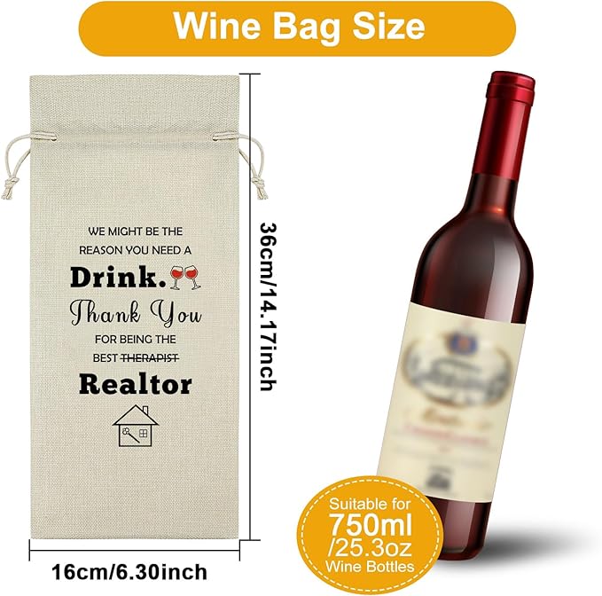 Realtor Gifts for Women Agent Wine Bag Thank You Gifts for Clients Real Estate Therapist Gifts for Men Wine Bottle Storage Bag Housewarming Gifts for Her Wine Accessories Gifts for Wine Lovers(Beige)