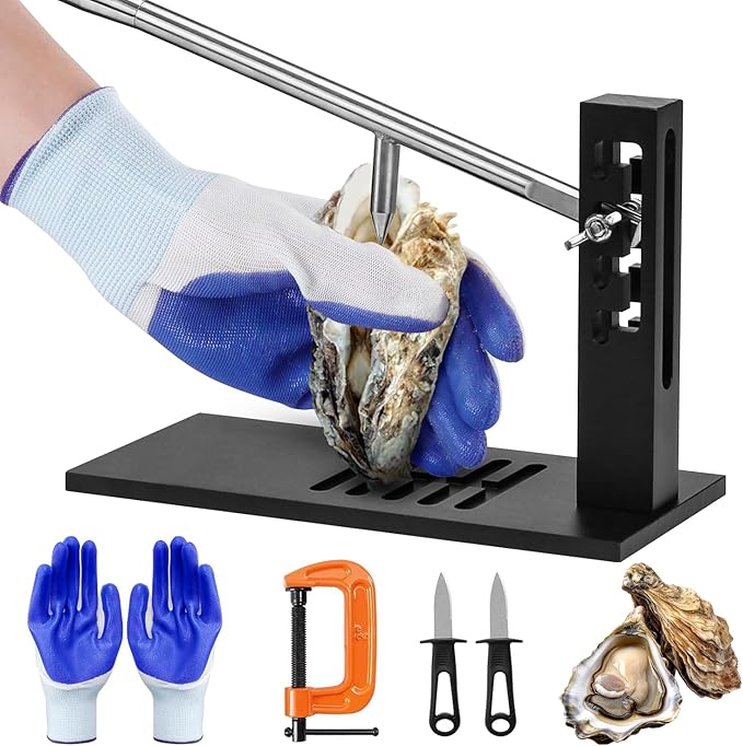 PMMJ Stainless Steel Oyster Clam Opener Machine,Oyster Shucker Tool,Adjustable Oyster Opener Tool,Including Knives, Gloves and G-Clip,Suitable for Seafood Tools for Hotel, Family and Buffet