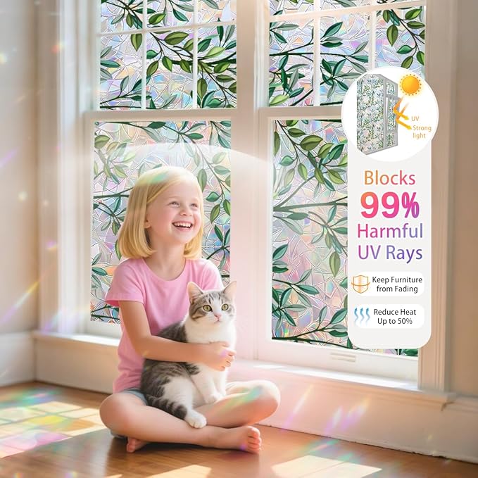 Leaf Stained Glass Window Film Static Cling with Tools - 35.4 x 157.4 Inch Non-Adhesive Privacy Decorative Rainbow Film for Windows, Doors, Sidelights - Easy Install & Remove