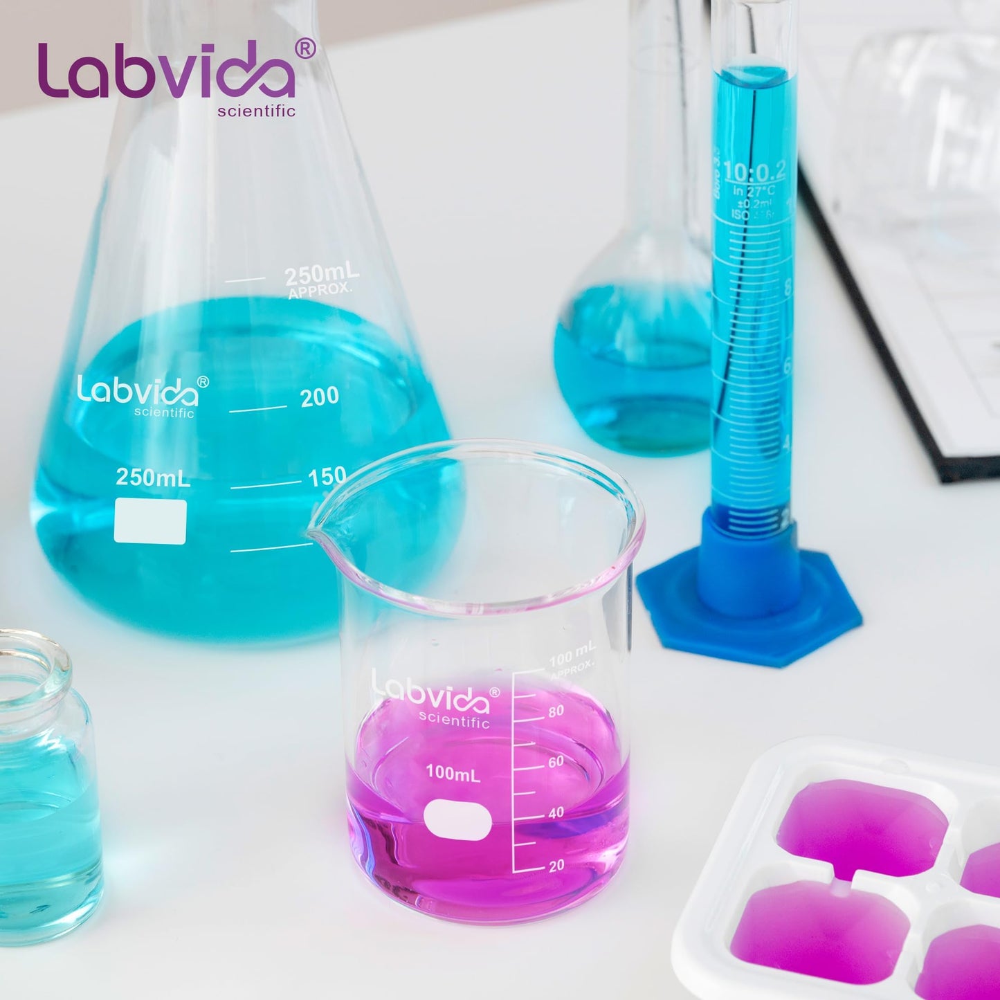Labvida Upgrated 3 Size Low Form Beaker Set, 50ml 100ml 250ml, 3.3 Boro Glass Beakers with Printed Graduation, LVA017