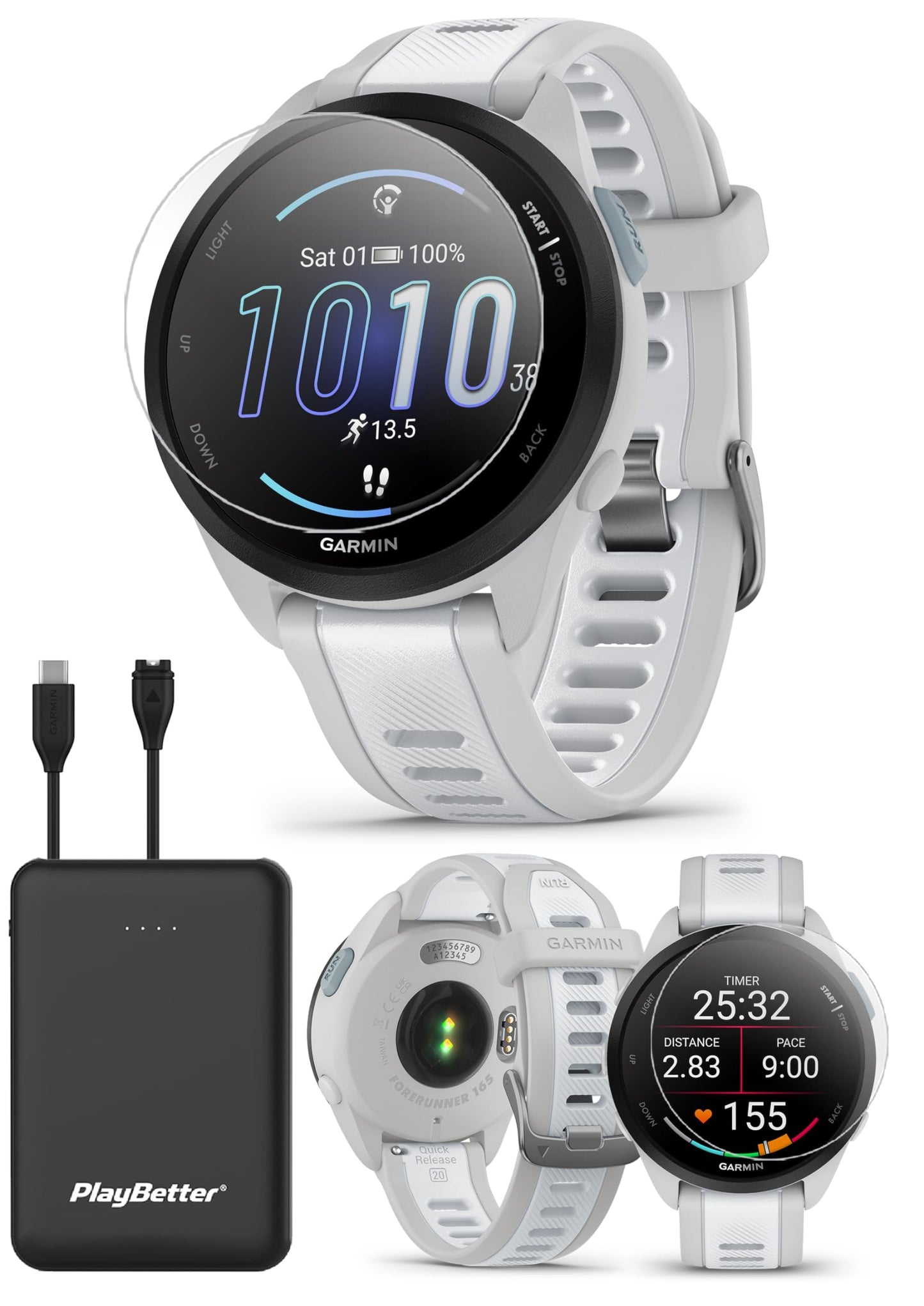 PlayBetter Garmin Forerunner 165 (Mist Gray/Whitestone) Running GPS Smartwatch Bundle - AMOLED Touchscreen, 11-Day Battery, Training & Recovery - Includes Screen Protectors & Portable Charger