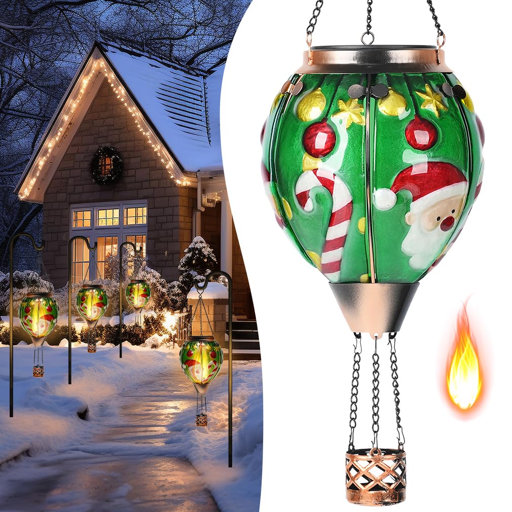 Solar Powered Hot Air Balloon Lantern - Christmas Santa Glass Lantern  Simulated Flickering & Dancing Flame  Outdoor Hanging Yard Light Waterproof Ip65 For Patio Lawn Porch Xmas Decor Gift