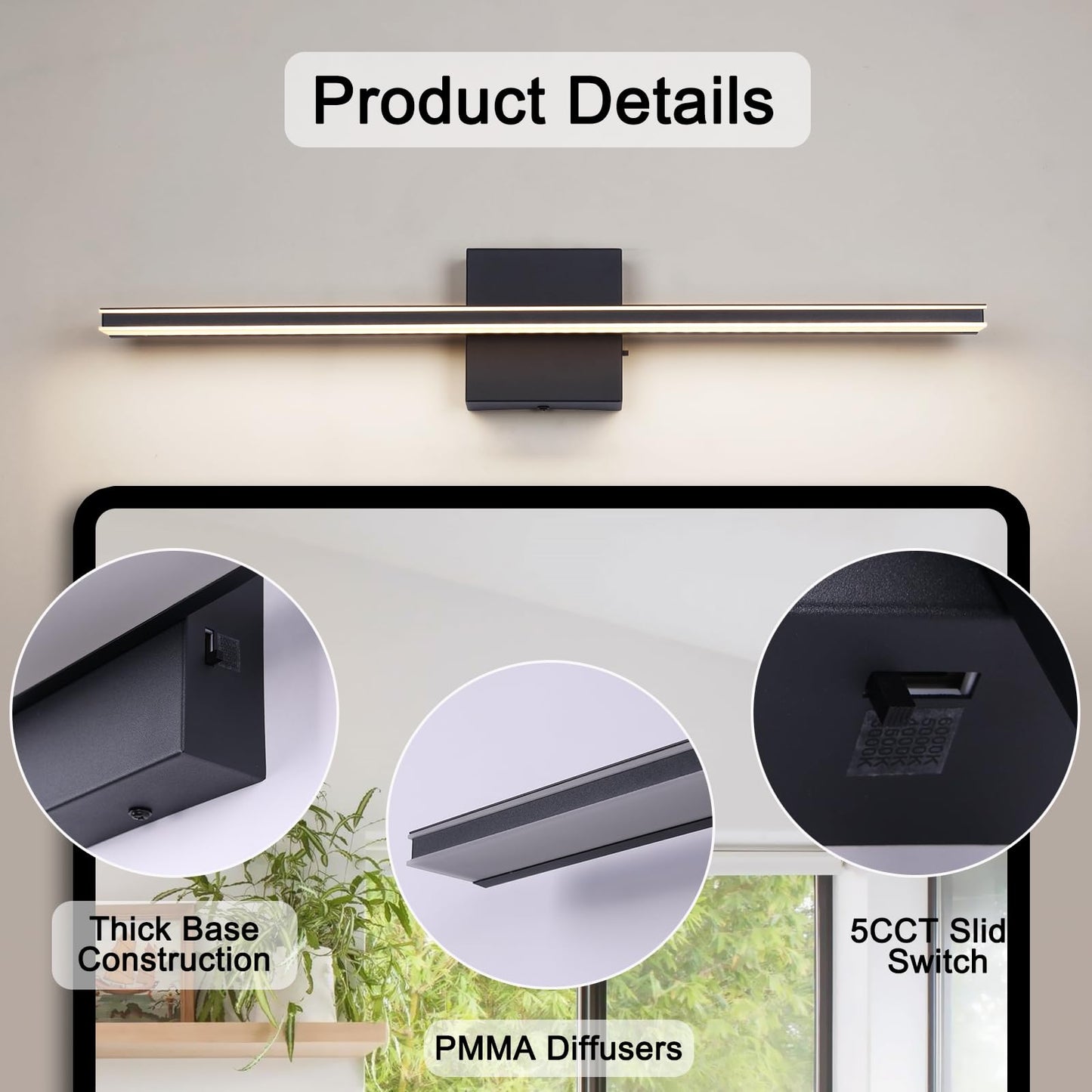 BRIVOLART Vanity Light for Bathroom Lighting Fixtures Over Mirror 24 Inch Dimmable 5CCT Modern Vanity Lights Black Bathroom Light Bar Bath Wall Sconce 18W