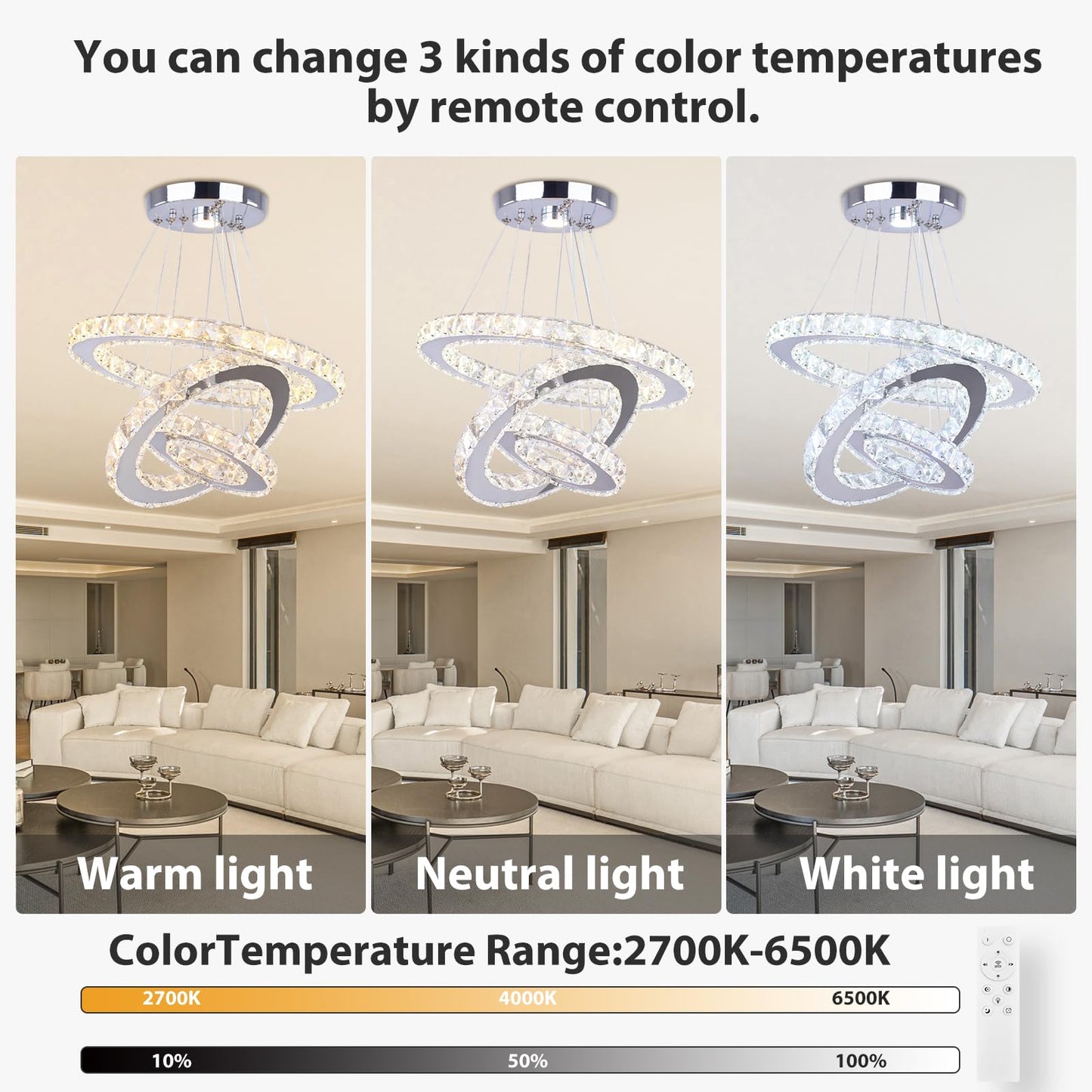 Cainjiazh LED Crystal Chandelier, Dimmable 3-Ring Pendant Light, Adjustable Stainless Steel Fixture for Bedrooms & Living Rooms, Model US-234ROUND-Dimm
