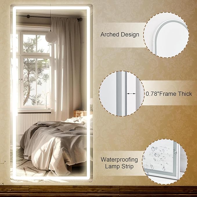 GLSLAND 26"x68" LED Full Length Mirror - Full Body Mirrors with Lights Dimmable 3 Color Lighting Floor Standing Mirror Hanging for Bedroom Living Room Cloakroom,White