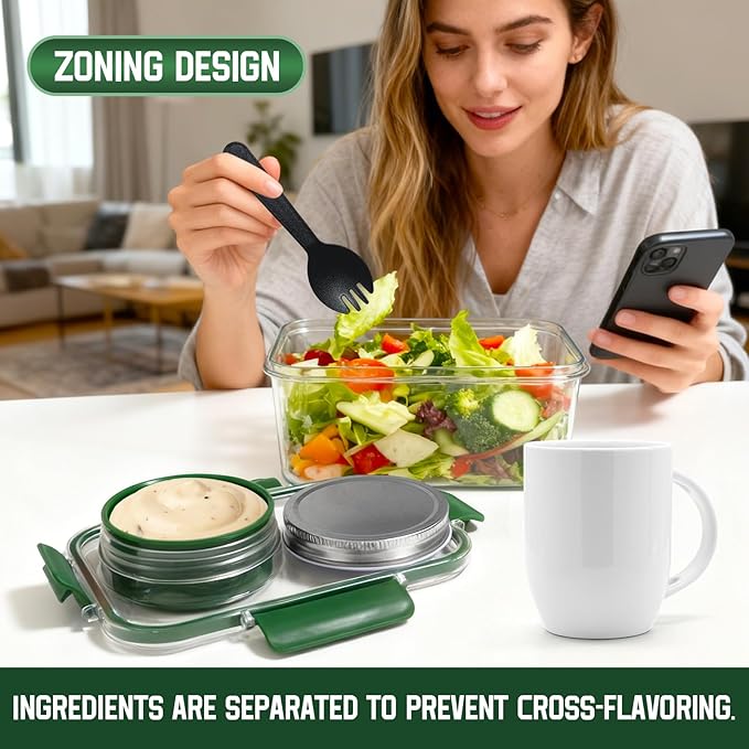 Upgrade Salad Container with Dressing Cup & Fork - Leakproof Airtight Salad Box, BPA-Free & Dishwasher Safe, 8.27×5.5×4.33in Compact Meal Prep Container for Office/Picnic (Green)