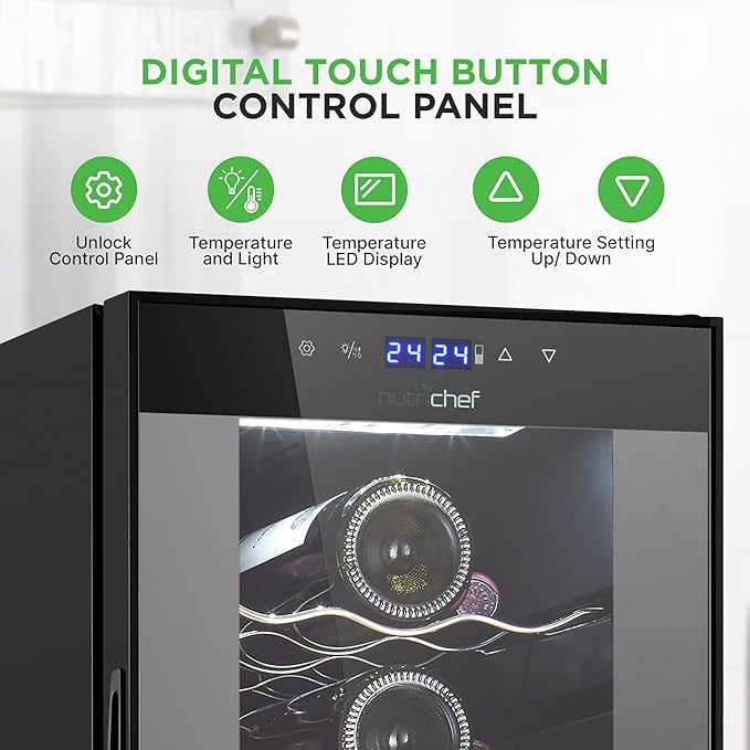 NutriChef PKCWCDS275 Dual-Zone Wine Cooler, 27-Bottle Refrigerator, Digital Touch Button Control with Air Tight Seal, Adjustable Temp 41-64F, Freestanding Cooler, Black