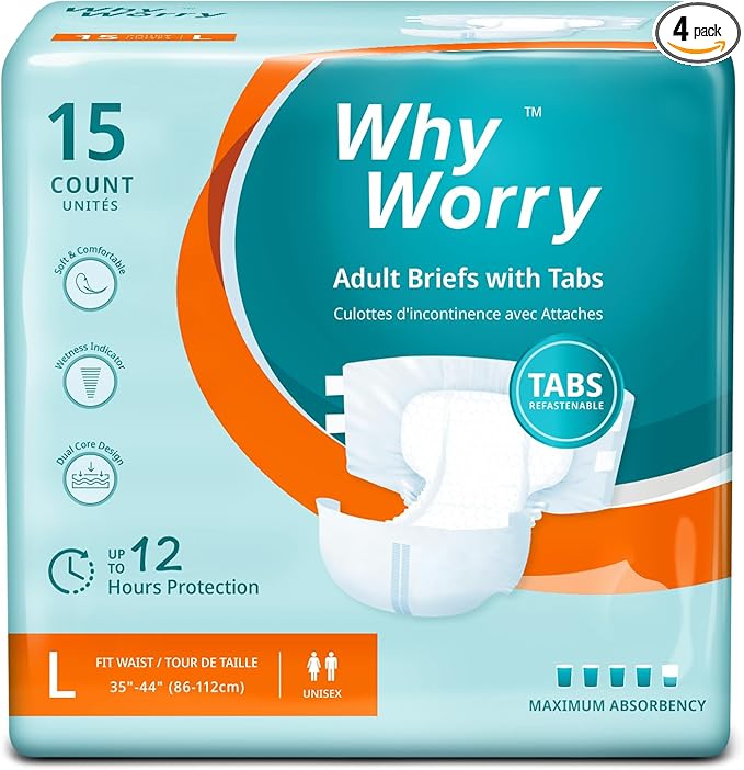 WhyWorry Adult Diapers with Tabs, Disposable Incontinence Briefs for Women & Men with Maximum Absorbency, Adult Briefs for Incontinence Overnight, Odor Control, Unisex, Large, 60 Count (4 Packs of 15)