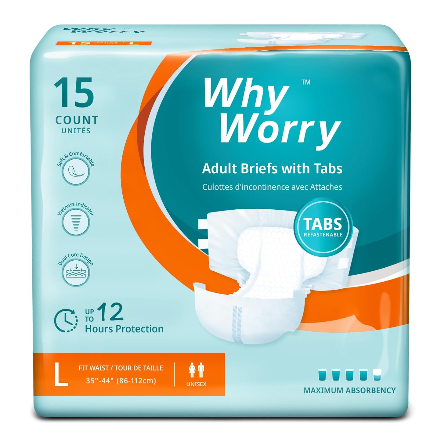 WhyWorry Adult Diapers with Tabs, Disposable Incontinence Briefs for Women & Men with Maximum Absorbency, Adult Briefs for Incontinence Overnight, Odor Control, Unisex, Large, 15 Count