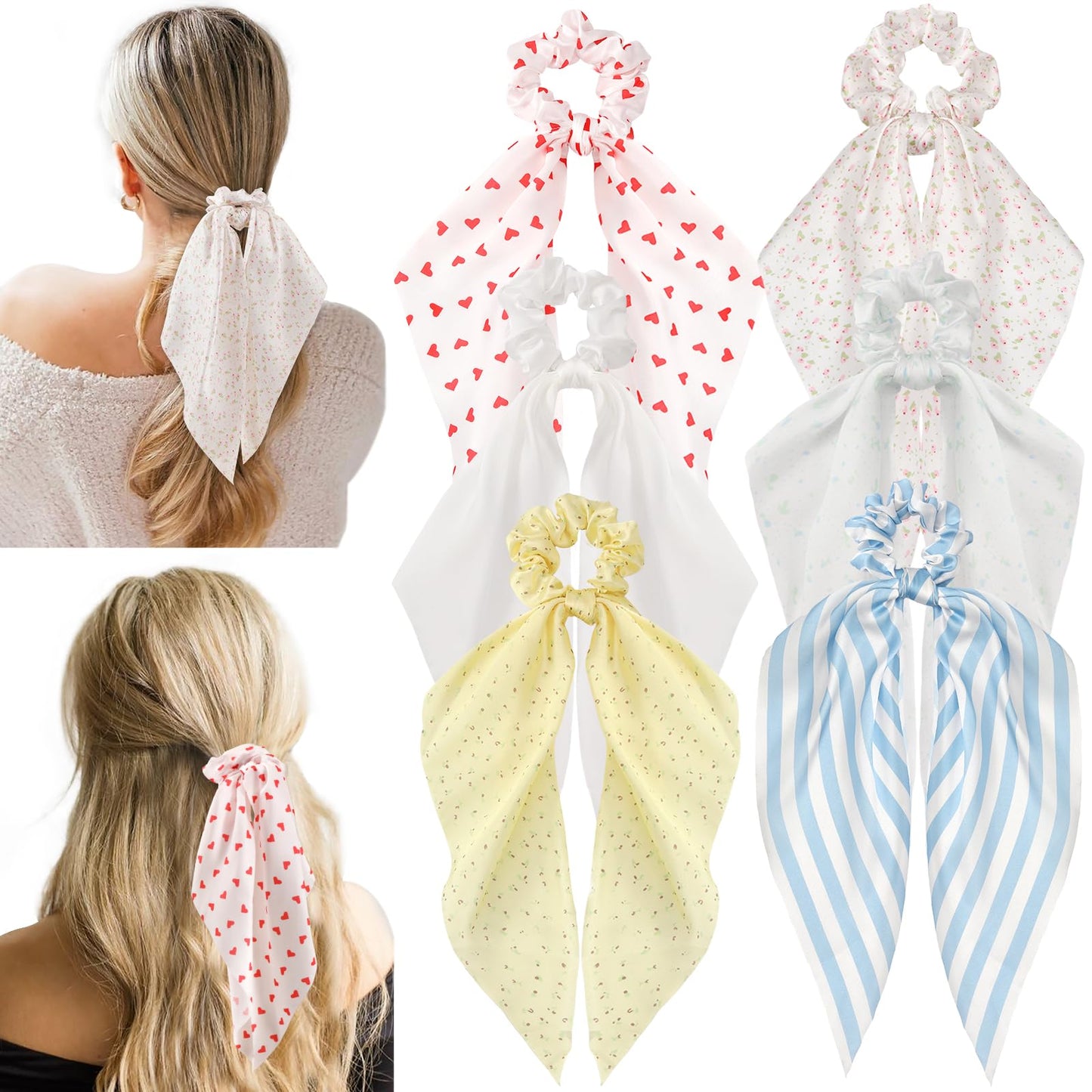 6 PCS Bow Silk Scrunchies, Cherry Hair Ties with Bows, Hair Scrunchies for Women Girls, Knotted Bow Silk Hair Ties, Satin Hair R