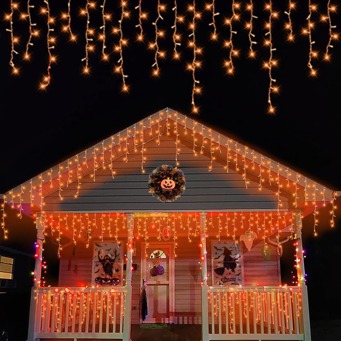 YEGUO 66ft 800 LED Outdoor Icicle Lights, Waterproof, 8 Modes, Orange, Plug-in