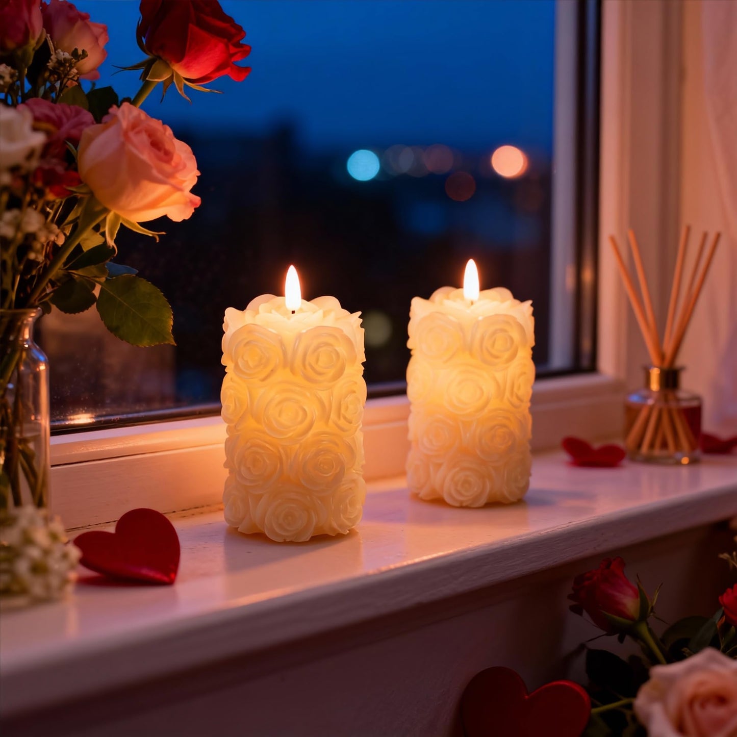 LUSHARBOR Rose Flameless Candles with Remote, Battery Operated Candles Rose Flower for Valentine's Day LED Pillar Candles Battery Powered for Mother’s Day & Weddings, Set of 2 Ivory