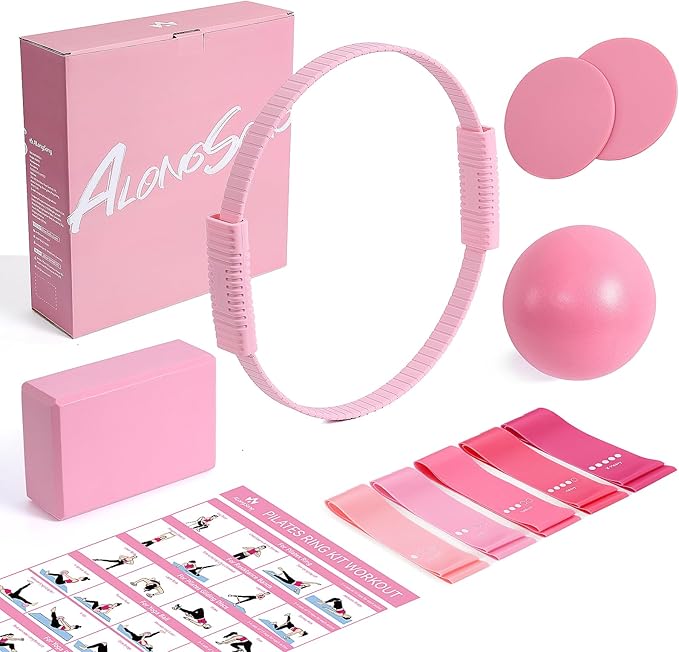 ALongSong Pilates Kit for Women, 13.7in Silicone Pilates Ring with Yoga Ball, 5 Resistance Bands, 1 Yoga Block, 2 Core Sli...