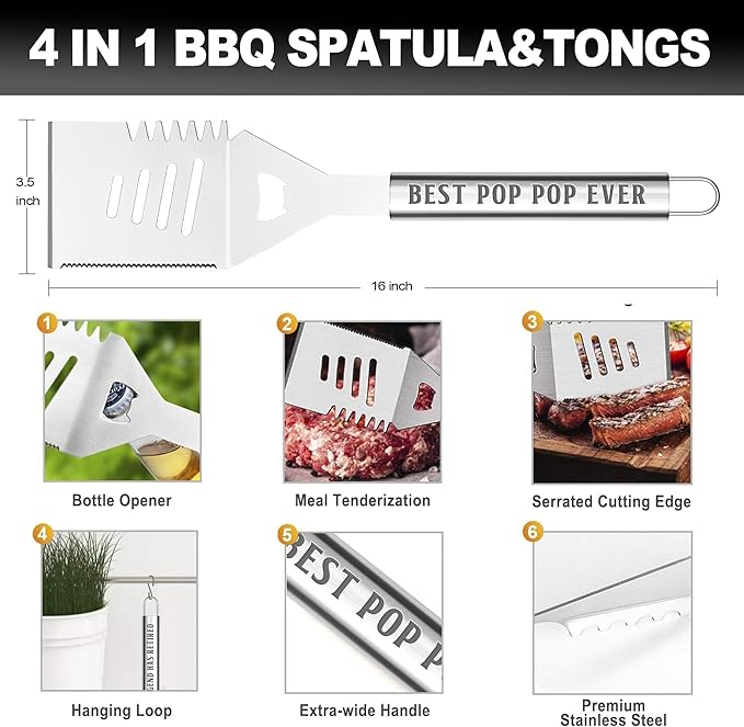 Pop Pop Gifts from Grandkids, Gifts for Poppop Grandparents Day, Grilling Accessories, Heavy Duty Stainless Steel Grill Set BBQ Grill Tools for Outdoor Grill with Aluminum Case, Grill Utensils Set