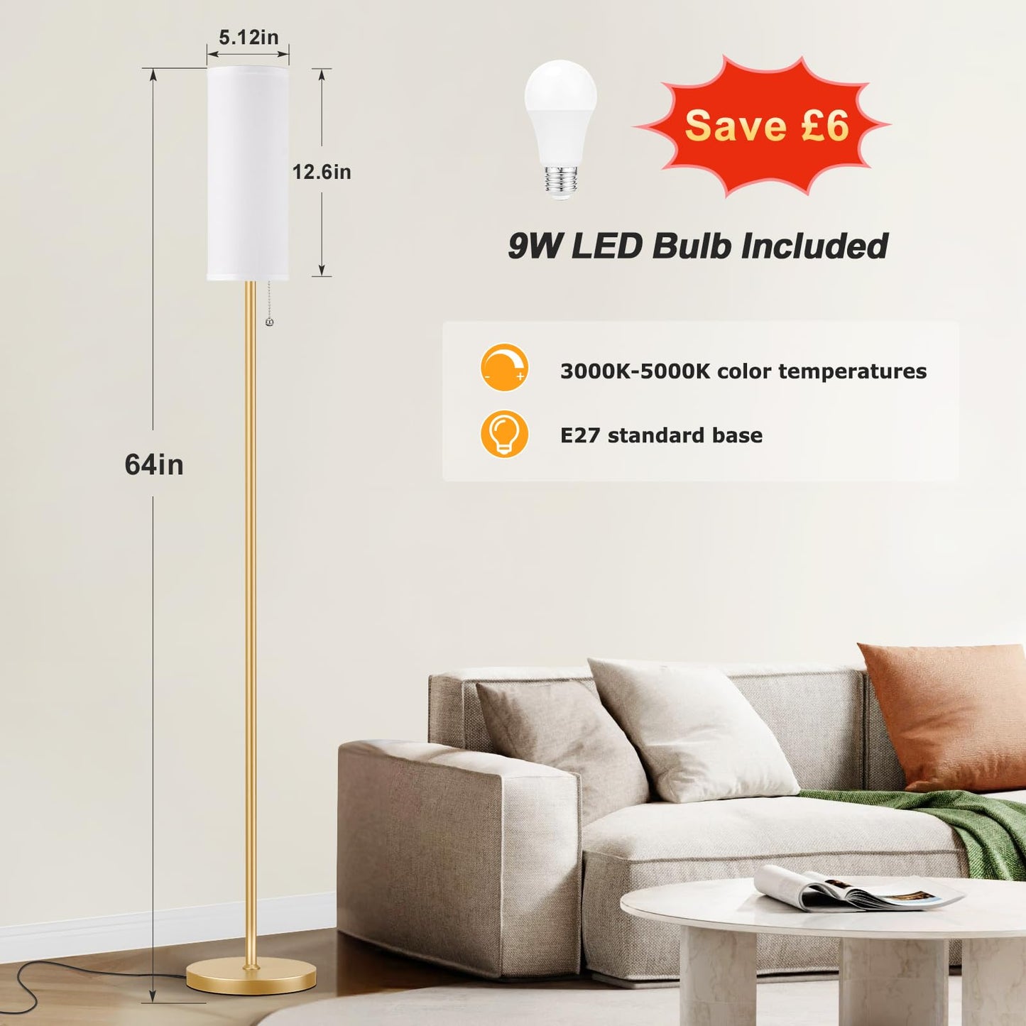 Ambimall Floor Lamp, 64in Minimalist Standing Lamp, Metal with Linen Shade, 3 Color Temperatures, White & Gold, Model RPT-ZGB20213