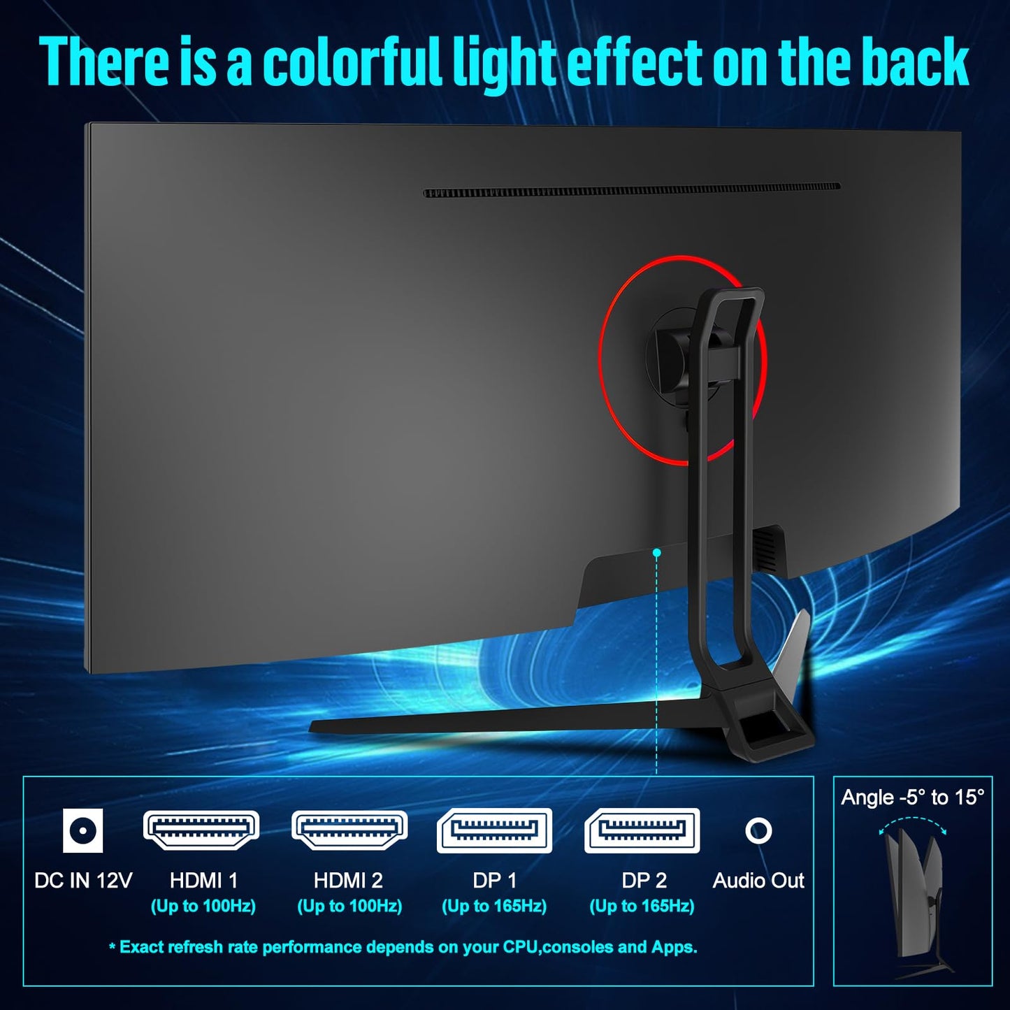 Gawfolk 34 Inch Ultrawide Curved Gaming Monitor, 1500R PC Screen 165hz UWQHD 4K, Curved Computer Screen with FreeSync, Support Wallmount 75x75mm-Black